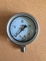Đồng hồ đo áp suất Đức Wika chân inox đứng 15A, thân inox D100 P20 Bar
