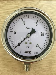 Đồng hồ áp suất Wise P252 vỏ Inox chân inox dưới 3/8 (10A) , mặt D100mm, áp 0-25 bar 