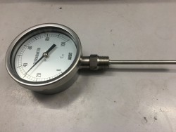 Đồng hồ đo nhiệt độ Wise Hàn Quốc, Mặt Inox 100mm, Chân inox đứng ren 1/2NPT,  L100 x 6.4mm T(0-100 độ C)