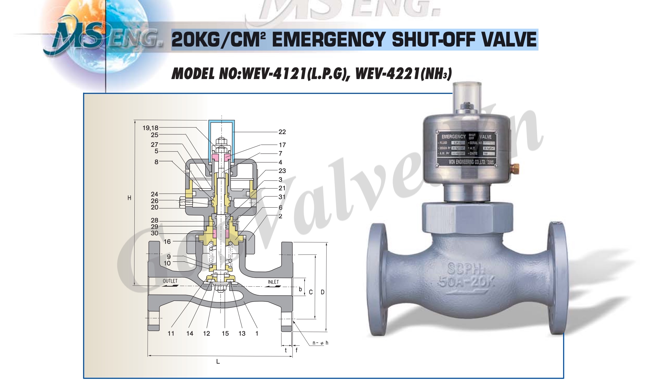 Van thép ngắt khẩn cấp LPG Gas nối bích, MSEng Won Hàn Quốc, DN50A, JIS 20K WEV-4121