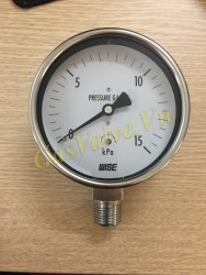 Đồng hồ đo áp suất Wise Hàn Quốc P440, vỏ inox D100, chân inox đứng ren 15A, P0-100Kpa