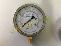 Đồng hồ đo áp suất bồn gas Ligi Đài Loan Inox D100, chân 1/2, 15A, có dầu, P25 Bar