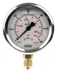 Đồng hồ đo áp suất Wika Đức, P0-600Bar , chân đồng 1/4 inch, 8A NPT, D63mm, Inox có dầu