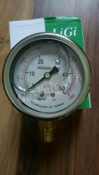Đồng hồ đo áp suất  Ligi chân đồng đứng 8A, thân inox dầu D63  P50kg 700psi 