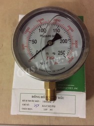 Đồng hồ đo áp suất Ligi chân đồng đứng 15A, thân inox dầu D100  P250kg 3500psi 