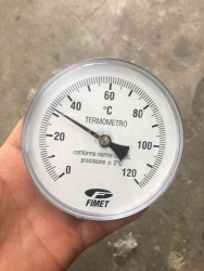Đồng hồ đo nhiệt  độ Fimet mặt D100mm, thân thép , chân sau thép đồng 15A L100, nhiệt độ 120C