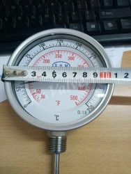 Đồng hồ đo nhiệt độ SHM mặt D100mm, thân Inox, chân dưới Inox 15A, nhiệt độ 250C 500F