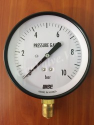 Đồng hồ đo áp suất Wise Hàn Quốc P110 vỏ thép chân đồng dưới 1/2 (15A), mặt D100mm, áp 0-10Bar 