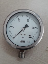 Đồng hồ đo áp suất Wise Hàn Quốc, D100mm, vỏ Inox 304, chân Inox 304 1/2 inch (15A), áp suất 0-25 Bar, P255