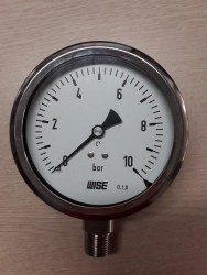 Đồng hồ áp suất Wise Hàn Quốc P255, Vỏ inox 304, chân inox 316, D 100mm, 0-10bar, chân đứng, ren 15A NPT