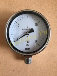 Đồng hồ đo áp suất Wise Hàn Quốc, Mặt Inox 100mm, Chân inox đứng ren 1/2NPT, P0-15Kpa