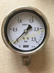 Đồng hồ đo áp suất Wise Hàn Quốc P252, vỏ inox D100, chân đứng inox ren 15A, P0-2.5Bar