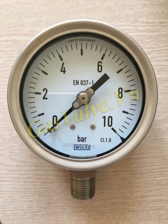 Đồng hồ đo áp suất Wika 232.50.200 Đức, P0-10Bar, thân Inox D200, chân đứng Inox 1/2 inch (15A), không dầu